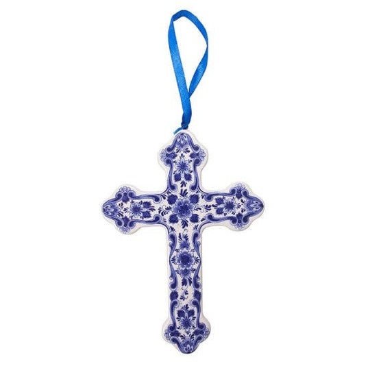Decorative cross with blue floral patterns on a white background